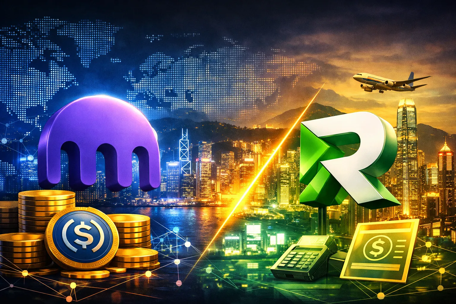 Digital illustration showing Kraken’s purple octopus logo and Reap Technologies’ green R logo connected by a diagonal light beam over Hong Kong’s skyline, symbolizing a $600M acquisition and stablecoin-powered B2B payments expansion.