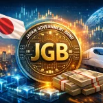 Digital illustration of Japan’s blockchain‑based Japanese Government Bond (JGB) initiative — featuring the Japanese flag, Tokyo skyline, a gold JGB token on a glowing blockchain grid, yen banknotes, and a Shinkansen bullet train symbolizing speed and modernization.