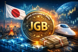 Digital illustration of Japan’s blockchain‑based Japanese Government Bond (JGB) initiative — featuring the Japanese flag, Tokyo skyline, a gold JGB token on a glowing blockchain grid, yen banknotes, and a Shinkansen bullet train symbolizing speed and modernization.