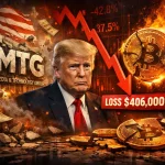 Digital illustration showing Donald Trump in front of a crumbling Trump Media & Technology Group logo, with burning dollar bills, a flaming Bitcoin coin, and a red downward arrow labeled ‘Loss $406 million,’ symbolizing the company’s crypto‑related financial collapse.