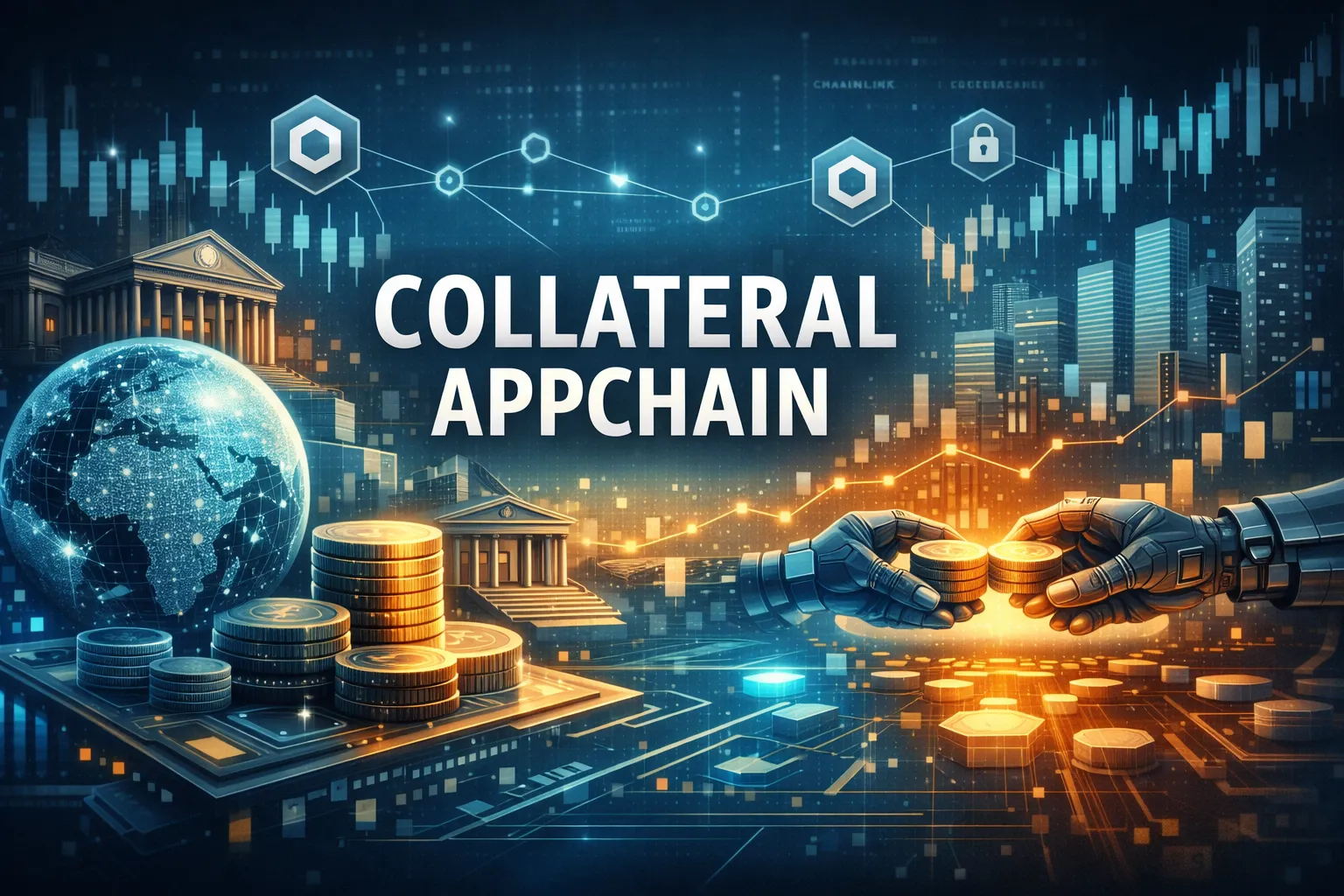 Digital illustration showing the Collateral AppChain concept — a glowing blue‑and‑gold financial network with a digital globe, tokenized assets, and robotic hands exchanging coins. The words ‘Collateral AppChain’ appear in bold white letters at the center, symbolizing blockchain‑based collateral automation and institutional connectivity.