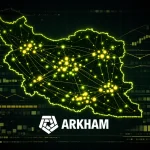 Digital map of Iran outlined in glowing green neon against a dark analytical grid background. Inside the map, clusters of bright green and yellow nodes are connected by luminous lines representing crypto transaction flows. Centered below the map is the white Arkham logo, featuring a geometric hexagonal emblem beside the word ‘ARKHAM’ in bold capital letters.