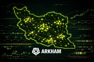 Digital map of Iran outlined in glowing green neon against a dark analytical grid background. Inside the map, clusters of bright green and yellow nodes are connected by luminous lines representing crypto transaction flows. Centered below the map is the white Arkham logo, featuring a geometric hexagonal emblem beside the word ‘ARKHAM’ in bold capital letters.