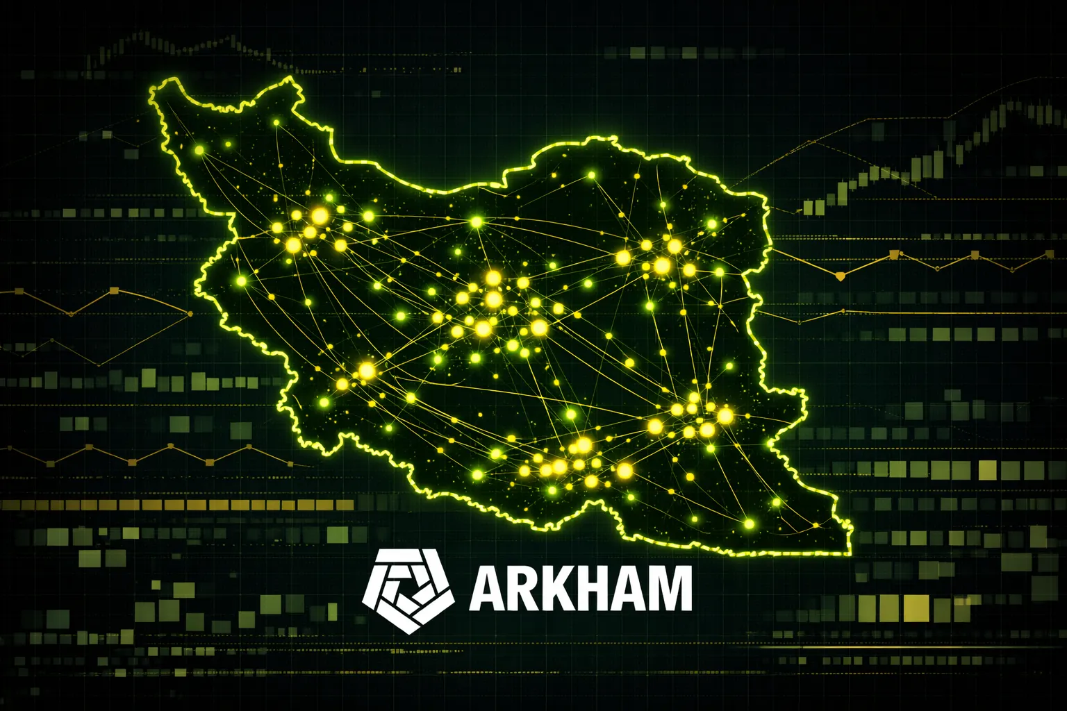 Digital map of Iran outlined in glowing green neon against a dark analytical grid background. Inside the map, clusters of bright green and yellow nodes are connected by luminous lines representing crypto transaction flows. Centered below the map is the white Arkham logo, featuring a geometric hexagonal emblem beside the word ‘ARKHAM’ in bold capital letters.