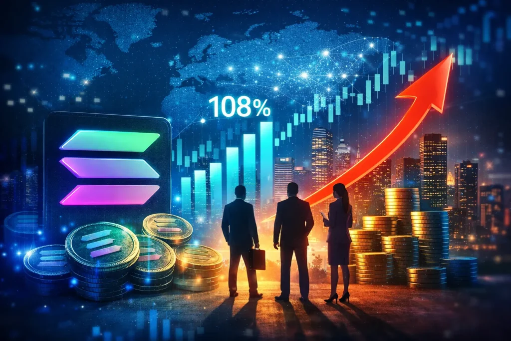 **Alt Text (WordPress‑ready):** A digital illustration symbolizing institutional momentum in Solana shows a glowing Solana logo on the left, surrounded by stacked coins and blue‑green financial charts. Three silhouetted business professionals stand before a city skyline as a red upward arrow and “108%” statistic rise across the scene, representing growth in treasury holdings and investor confidence.