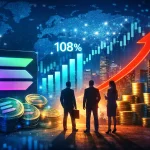 **Alt Text (WordPress‑ready):** A digital illustration symbolizing institutional momentum in Solana shows a glowing Solana logo on the left, surrounded by stacked coins and blue‑green financial charts. Three silhouetted business professionals stand before a city skyline as a red upward arrow and “108%” statistic rise across the scene, representing growth in treasury holdings and investor confidence.
