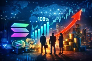**Alt Text (WordPress‑ready):** A digital illustration symbolizing institutional momentum in Solana shows a glowing Solana logo on the left, surrounded by stacked coins and blue‑green financial charts. Three silhouetted business professionals stand before a city skyline as a red upward arrow and “108%” statistic rise across the scene, representing growth in treasury holdings and investor confidence.