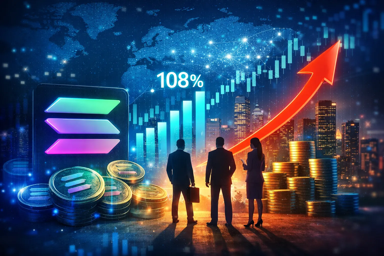 **Alt Text (WordPress‑ready):** A digital illustration symbolizing institutional momentum in Solana shows a glowing Solana logo on the left, surrounded by stacked coins and blue‑green financial charts. Three silhouetted business professionals stand before a city skyline as a red upward arrow and “108%” statistic rise across the scene, representing growth in treasury holdings and investor confidence.