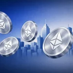 Metallic brushed‑silver Ethereum coins floating in front of a flat‑vector blue‑gray city skyline. The background transitions horizontally from dark blue to gray, creating a sleek institutional tone.