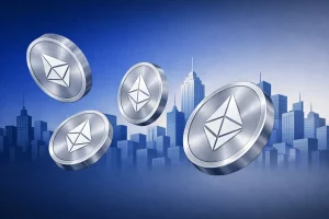 Metallic brushed‑silver Ethereum coins floating in front of a flat‑vector blue‑gray city skyline. The background transitions horizontally from dark blue to gray, creating a sleek institutional tone.