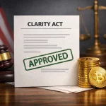 A semi‑realistic image showing a printed document labeled “CLARITY ACT” with a green “APPROVED” stamp across it, placed on a polished wooden desk beside a judge’s gavel and a balanced scale. A small stack of golden Bitcoin coins sits to the right of the paper, symbolizing cryptocurrency regulation. The background includes a softly blurred American flag and law books, conveying a formal legislative setting.
