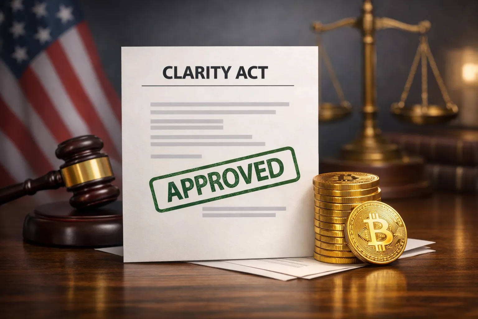 A semi‑realistic image showing a printed document labeled “CLARITY ACT” with a green “APPROVED” stamp across it, placed on a polished wooden desk beside a judge’s gavel and a balanced scale. A small stack of golden Bitcoin coins sits to the right of the paper, symbolizing cryptocurrency regulation. The background includes a softly blurred American flag and law books, conveying a formal legislative setting.