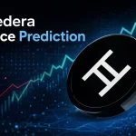 A 16:9 digital graphic showing Hedera (HBAR) price prediction with a glossy black coin featuring a white Gemini‑style symbol. Behind the coin, a glowing blue financial chart rises upward with green arrows and candlestick patterns, symbolizing market growth.
