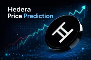 A 16:9 digital graphic showing Hedera (HBAR) price prediction with a glossy black coin featuring a white Gemini‑style symbol. Behind the coin, a glowing blue financial chart rises upward with green arrows and candlestick patterns, symbolizing market growth.