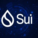 White Sui logo centered on a dark blue background with glowing circuit lines and abstract techno patterns