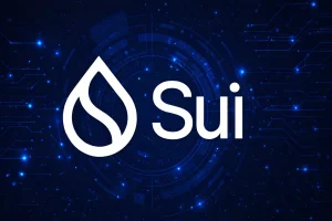White Sui logo centered on a dark blue background with glowing circuit lines and abstract techno patterns
