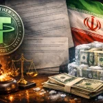 A 16:9 editorial illustration showing a green‑silver Tether coin beside a judge’s gavel and brass scales of justice on a wooden desk. Behind them, the Iranian flag appears with its red emblem, and to the right, stacks of U.S. hundred‑dollar bills are encased in ice, symbolizing frozen funds. Warm light highlights the gavel and coin, contrasting with the cold, frosted money and flag backdrop.