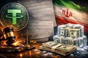 A 16:9 editorial illustration showing a green‑silver Tether coin beside a judge’s gavel and brass scales of justice on a wooden desk. Behind them, the Iranian flag appears with its red emblem, and to the right, stacks of U.S. hundred‑dollar bills are encased in ice, symbolizing frozen funds. Warm light highlights the gavel and coin, contrasting with the cold, frosted money and flag backdrop.