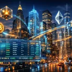 A wide 16:9 cinematic shot of the New York Financial District at twilight, transformed into a futuristic techno-crypto metropolis. The iconic skyline of Wall Street features skyscrapers made of translucent glass emitting glowing holographic data streams. Giant 3D blockchain nodes and floating digital tokens (like Bitcoin and Ethereum symbols) orbit the buildings, connecting them with neon blue and gold light trails representing real-time settlement. In the foreground, a massive transparent digital ledger floats above the street, displaying live transaction data and stock tickers. The atmosphere is high-tech and optimistic, with a color palette of deep navy blues, electric cyans, and warm gold accents. The style is hyper-realistic, 8k resolution, octane render, cinematic lighting, depth of field, emphasizing the fusion of traditional finance architecture with cutting-edge blockchain technology.
