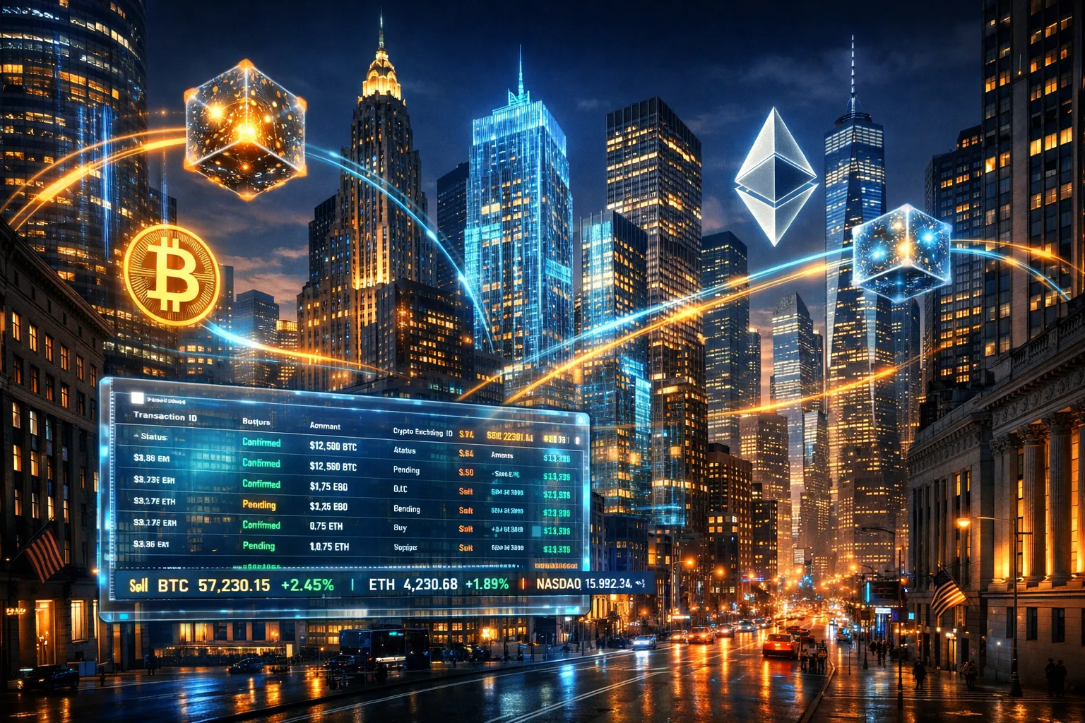 A wide 16:9 cinematic shot of the New York Financial District at twilight, transformed into a futuristic techno-crypto metropolis. The iconic skyline of Wall Street features skyscrapers made of translucent glass emitting glowing holographic data streams. Giant 3D blockchain nodes and floating digital tokens (like Bitcoin and Ethereum symbols) orbit the buildings, connecting them with neon blue and gold light trails representing real-time settlement. In the foreground, a massive transparent digital ledger floats above the street, displaying live transaction data and stock tickers. The atmosphere is high-tech and optimistic, with a color palette of deep navy blues, electric cyans, and warm gold accents. The style is hyper-realistic, 8k resolution, octane render, cinematic lighting, depth of field, emphasizing the fusion of traditional finance architecture with cutting-edge blockchain technology.