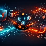 Abstract digital illustration showing a blockchain security breach. A cracked shield and broken padlock release streams of glowing binary code toward a central black vortex pulling in cryptocurrency symbols like Ethereum. On the right, fragmented cubes and disrupted network nodes represent compromised data blocks. The color palette contrasts cool blues and teals with fiery orange and red, symbolizing the clash between protection and exploitation.