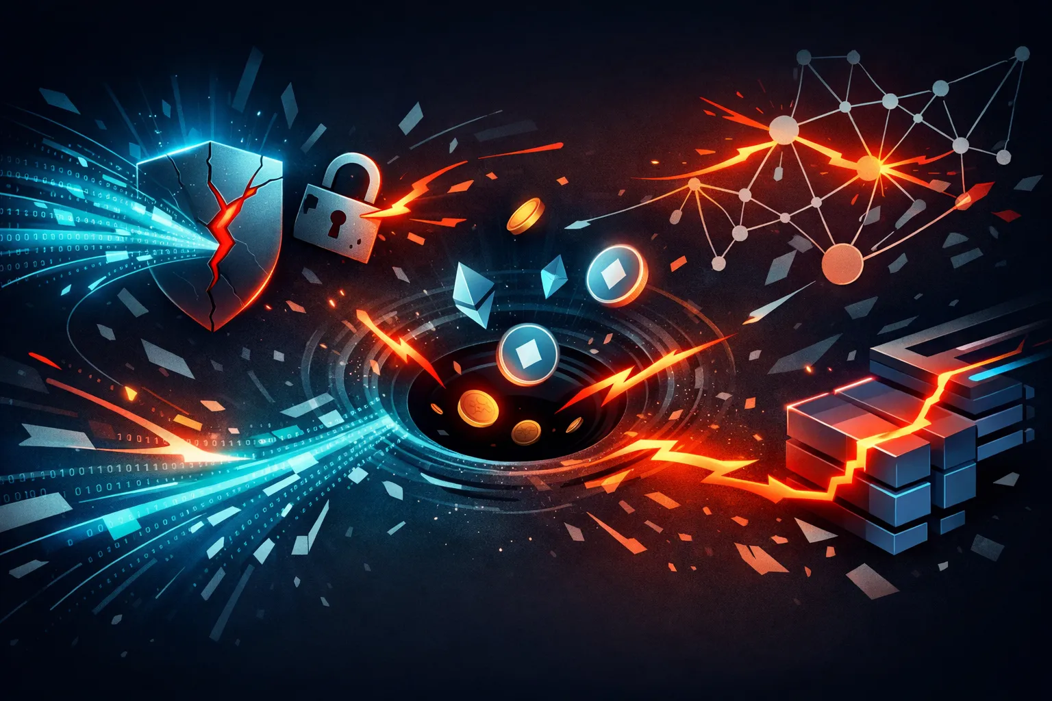 Abstract digital illustration showing a blockchain security breach. A cracked shield and broken padlock release streams of glowing binary code toward a central black vortex pulling in cryptocurrency symbols like Ethereum. On the right, fragmented cubes and disrupted network nodes represent compromised data blocks. The color palette contrasts cool blues and teals with fiery orange and red, symbolizing the clash between protection and exploitation.