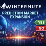 Digital illustration showing Wintermute’s logo above glowing charts and a globe, with the words ‘Prediction Market Expansion’ in cyan. A signpost labeled YES and NO, a gavel, percentage symbol, and ballot box represent institutional entry into prediction markets.