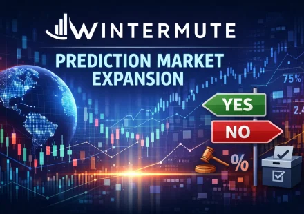 Digital illustration showing Wintermute’s logo above glowing charts and a globe, with the words ‘Prediction Market Expansion’ in cyan. A signpost labeled YES and NO, a gavel, percentage symbol, and ballot box represent institutional entry into prediction markets.