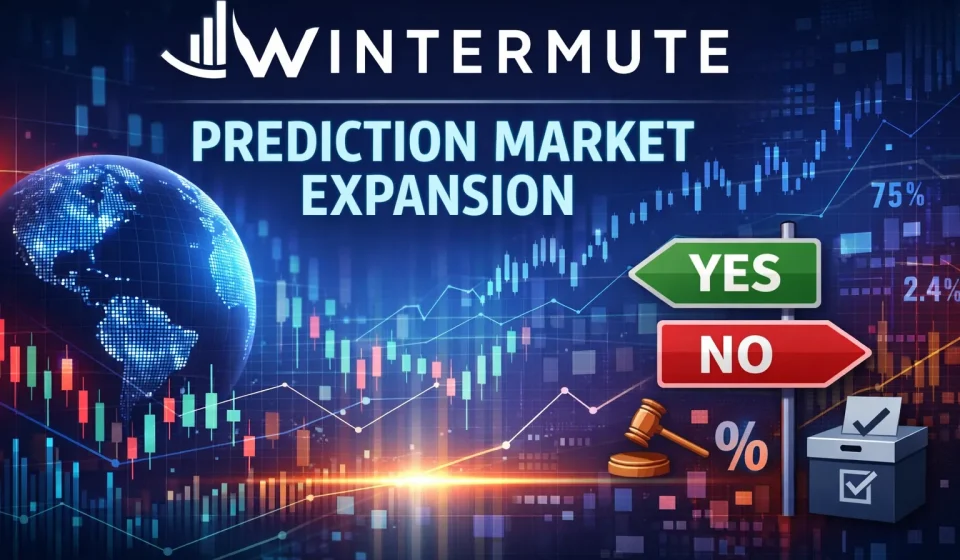 Digital illustration showing Wintermute’s logo above glowing charts and a globe, with the words ‘Prediction Market Expansion’ in cyan. A signpost labeled YES and NO, a gavel, percentage symbol, and ballot box represent institutional entry into prediction markets.