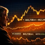 Michael Saylor in profile observing a glowing Bitcoin accumulation chart with orange price line and data panels showing 843,738 BTC ≈ $62.24 B, BTC reserves, and MSTR $159.09 ▲ 4.91%; blue‑to‑orange gradient background symbolizing MicroStrategy’s Bitcoin holdings.