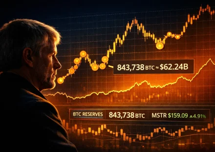 Michael Saylor in profile observing a glowing Bitcoin accumulation chart with orange price line and data panels showing 843,738 BTC ≈ $62.24 B, BTC reserves, and MSTR $159.09 ▲ 4.91%; blue‑to‑orange gradient background symbolizing MicroStrategy’s Bitcoin holdings.