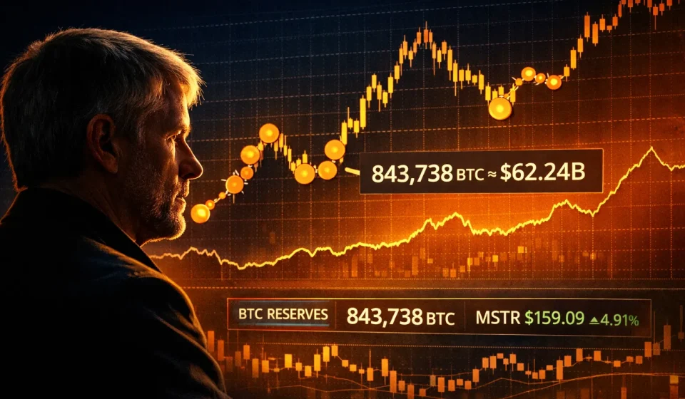 Michael Saylor in profile observing a glowing Bitcoin accumulation chart with orange price line and data panels showing 843,738 BTC ≈ $62.24 B, BTC reserves, and MSTR $159.09 ▲ 4.91%; blue‑to‑orange gradient background symbolizing MicroStrategy’s Bitcoin holdings.