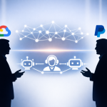 A minimalistic 16:9 editorial illustration showing two silhouetted executives—one representing Google Cloud, the other PayPal—facing each other in a debate posture. Between them, a thin luminous line separates abstract crypto‑network nodes above and AI‑agent glyphs below. The background features a soft pale‑cobalt to white gradient with subtle vertical light pillars, evoking a conference stage at Consensus 2026.
