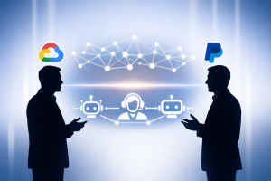 A minimalistic 16:9 editorial illustration showing two silhouetted executives—one representing Google Cloud, the other PayPal—facing each other in a debate posture. Between them, a thin luminous line separates abstract crypto‑network nodes above and AI‑agent glyphs below. The background features a soft pale‑cobalt to white gradient with subtle vertical light pillars, evoking a conference stage at Consensus 2026.