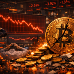 Cracked golden Bitcoin coin surrounded by flames and toppled coins on a chaotic trading floor, with distressed traders and red falling charts symbolizing a market crash below $80K due to inflation shock.