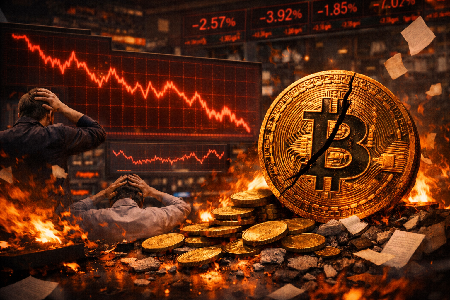 Cracked golden Bitcoin coin surrounded by flames and toppled coins on a chaotic trading floor, with distressed traders and red falling charts symbolizing a market crash below $80K due to inflation shock.