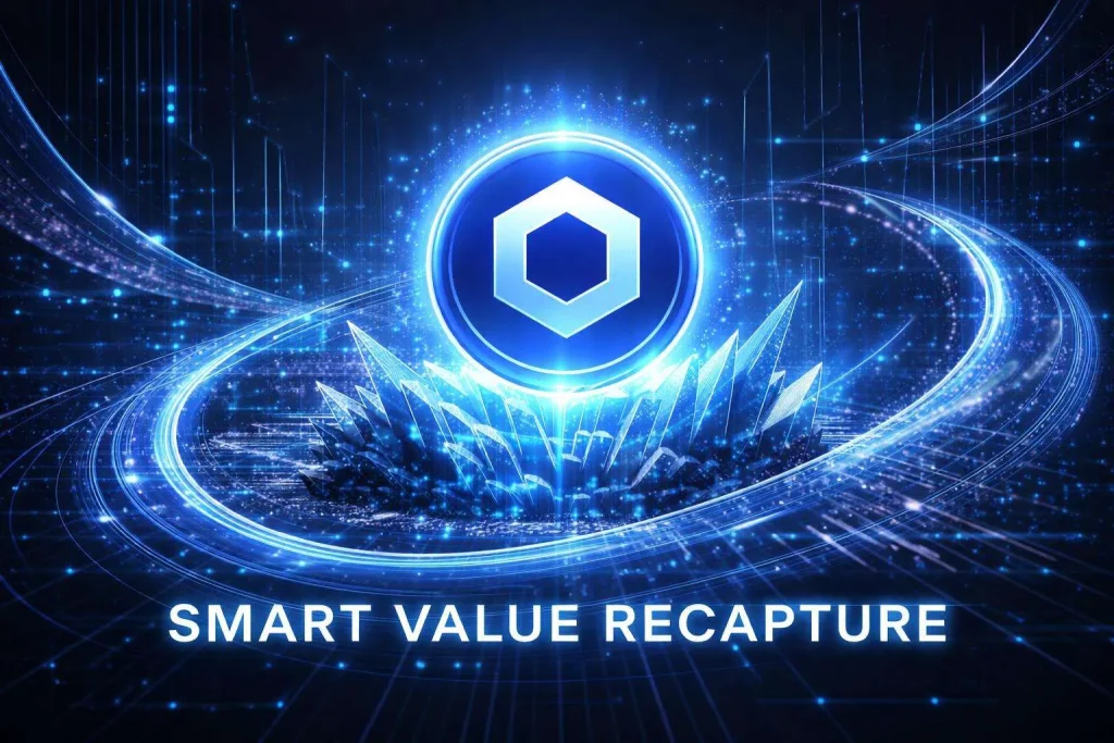 A blue Chainlink token stands at the forefront, symbolizing leadership in the oracle economy. Behind it, interconnected data networks and glowing nodes represent a dense oracle ecosystem. Flowing data streams and crystal-like structures convey the Smart Value Recapture expansion, while arcs and futuristic fintech visuals create a modern, high-tech backdrop.
