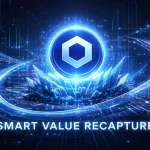 A blue Chainlink token stands at the forefront, symbolizing leadership in the oracle economy. Behind it, interconnected data networks and glowing nodes represent a dense oracle ecosystem. Flowing data streams and crystal-like structures convey the Smart Value Recapture expansion, while arcs and futuristic fintech visuals create a modern, high-tech backdrop.