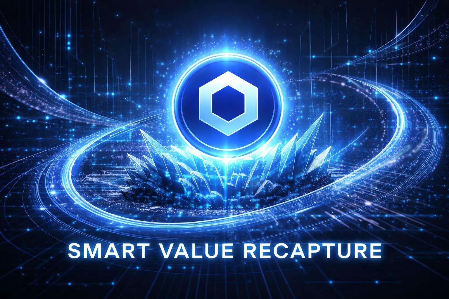 A blue Chainlink token stands at the forefront, symbolizing leadership in the oracle economy. Behind it, interconnected data networks and glowing nodes represent a dense oracle ecosystem. Flowing data streams and crystal-like structures convey the Smart Value Recapture expansion, while arcs and futuristic fintech visuals create a modern, high-tech backdrop.