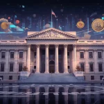 lucid-origin_a_surreal_2D_illustration_of_the_US_Treasury_building_blending_classical_and_fut-0