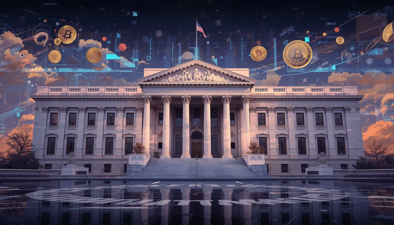 lucid-origin_a_surreal_2D_illustration_of_the_US_Treasury_building_blending_classical_and_fut-0