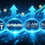 A 16:9 image with a foreground focus on prominent Spot Bitcoin ETF owning company names: BlackRock’s IBIT, Fidelity Investments, Ark Invest, and Bitwise Asset Management. Each firm’s name has a bright, ethereal glowing halo around it. Bold upward arrows rise above the logos, indicating inflows. The logos and arrows glow with a neon cyan/blue palette, with subtle particle glow and lens flare effects. In the background, a rising market line and Bitcoin symbols remain visible, while a cityscape of digital ledgers provides depth. Style: high-tech financial visualization, glossy, modern, and energetic.