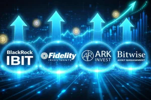 A 16:9 image with a foreground focus on prominent Spot Bitcoin ETF owning company names: BlackRock’s IBIT, Fidelity Investments, Ark Invest, and Bitwise Asset Management. Each firm’s name has a bright, ethereal glowing halo around it. Bold upward arrows rise above the logos, indicating inflows. The logos and arrows glow with a neon cyan/blue palette, with subtle particle glow and lens flare effects. In the background, a rising market line and Bitcoin symbols remain visible, while a cityscape of digital ledgers provides depth. Style: high-tech financial visualization, glossy, modern, and energetic.
