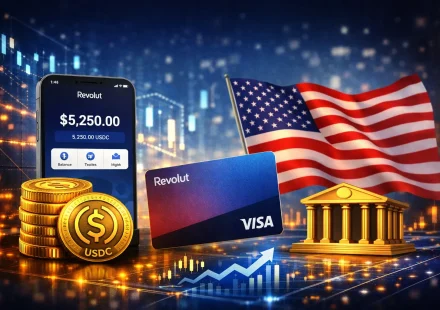 Smartphone displaying Revolut app with USDC balance beside stacked gold USDC coins, a Revolut Visa card, and a waving American flag; golden bank building and glowing circuit‑board graphics in the background, symbolizing US stablecoin banking.