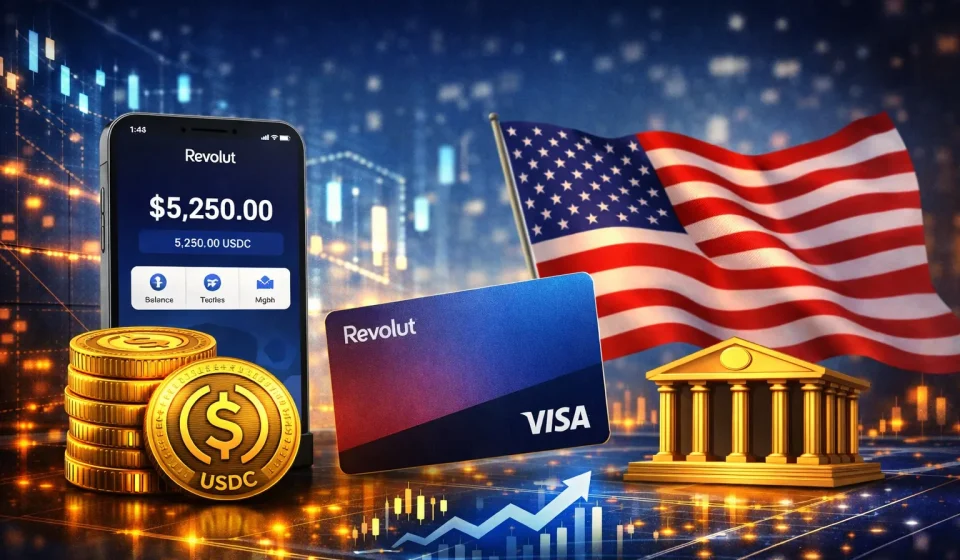 Smartphone displaying Revolut app with USDC balance beside stacked gold USDC coins, a Revolut Visa card, and a waving American flag; golden bank building and glowing circuit‑board graphics in the background, symbolizing US stablecoin banking.