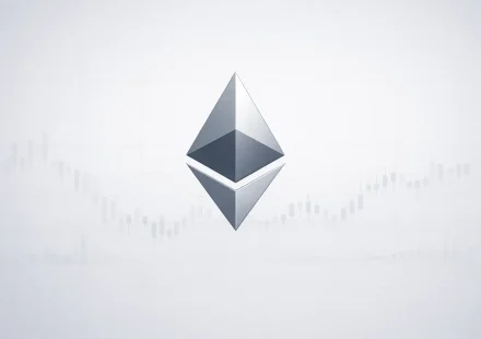 Ethereum logo floating above a faint data-grid background, minimalistic, no neon, no glowing, no decorative graphics, soft neutral lighting, institutional financial editorial style.