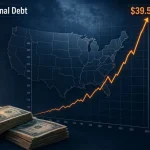 The chart illustrates the U.S. national debt reaching $39.5 trillion, with a bold orange line showing a sharp upward trend over time. The accompanying image of stacks of U.S. currency emphasizes the scale of the federal debt crisis.