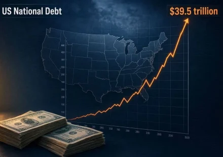 The chart illustrates the U.S. national debt reaching $39.5 trillion, with a bold orange line showing a sharp upward trend over time. The accompanying image of stacks of U.S. currency emphasizes the scale of the federal debt crisis.