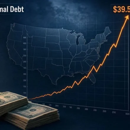 The chart illustrates the U.S. national debt reaching $39.5 trillion, with a bold orange line showing a sharp upward trend over time. The accompanying image of stacks of U.S. currency emphasizes the scale of the federal debt crisis.