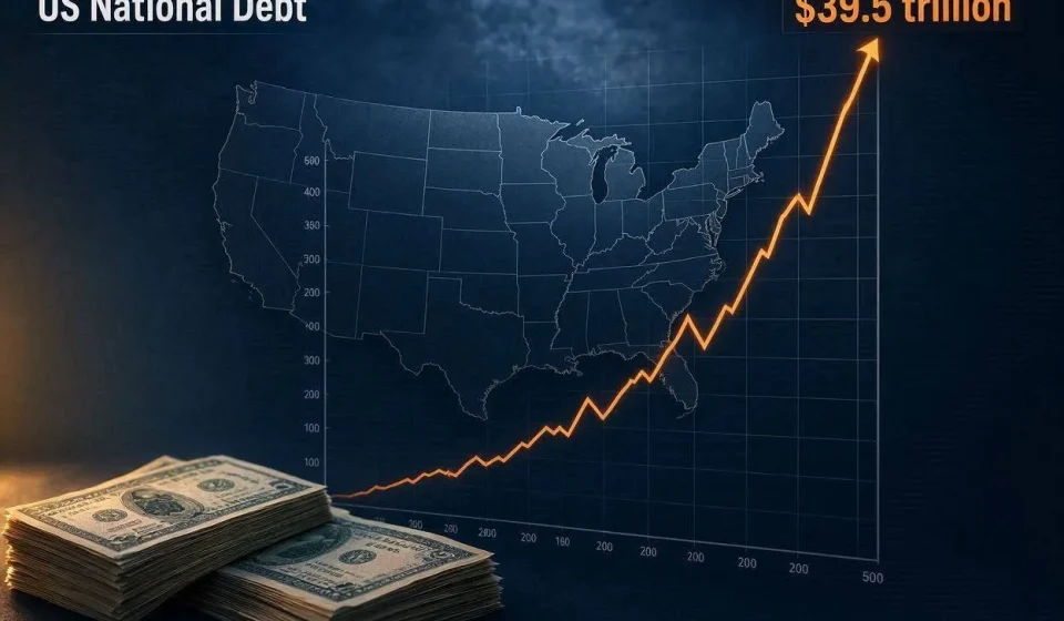 The chart illustrates the U.S. national debt reaching $39.5 trillion, with a bold orange line showing a sharp upward trend over time. The accompanying image of stacks of U.S. currency emphasizes the scale of the federal debt crisis.